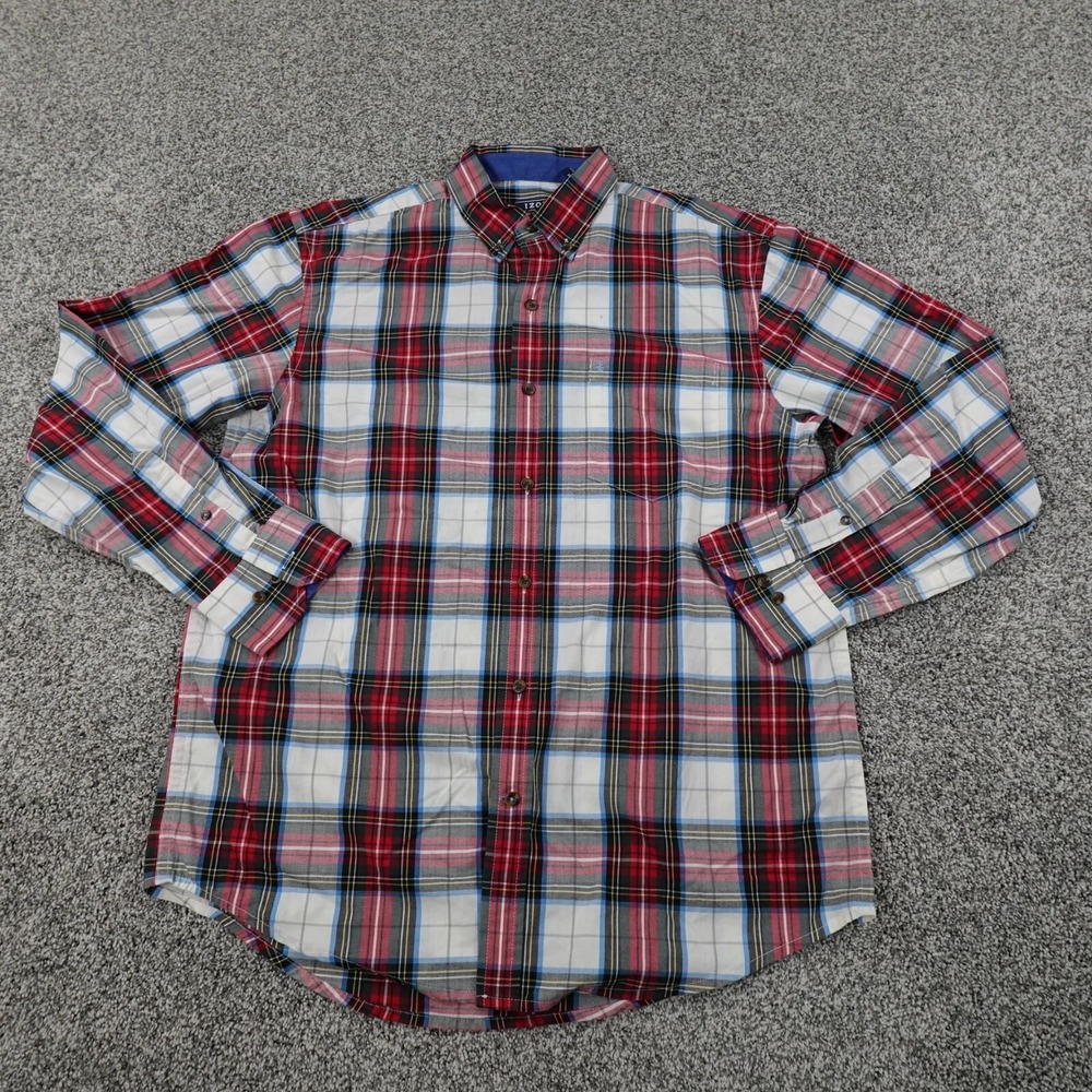 Izod Shirt Mens Medium Red White Plaid Long Sleeve Button Up Casual Preppy Golf